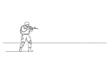 soldier aiming gun, one line drawing