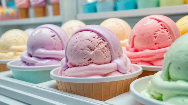 Video A colorful row of ice cream cones with various flavors