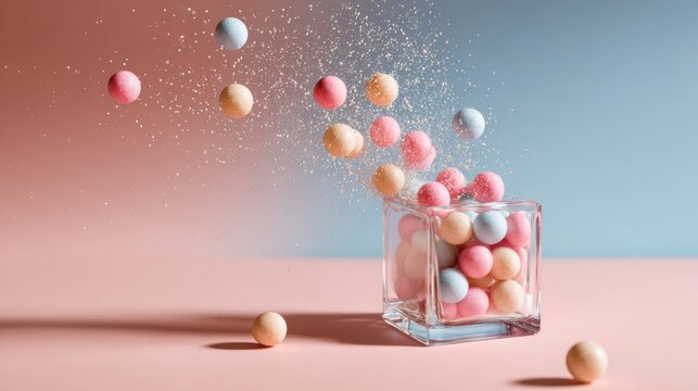 Colorful candy balls flying from glass container on pastel background motion dessert and sweet food concept
