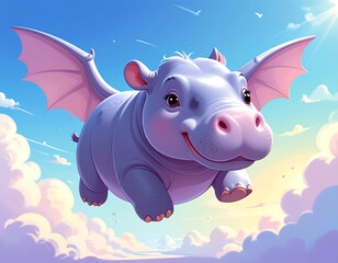 Fototapeta premium Smiling cartoon hippo with pink wings flying through fluffy clouds under a bright sunny sky