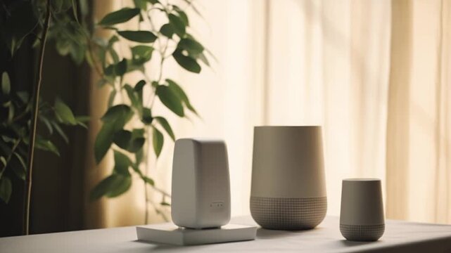 Minimalist home interior featuring an air aroma diffuser and glowing decorative luminaires on a table, enhancing a feeling of comfort and peace with soft, warm illumination and natural elements