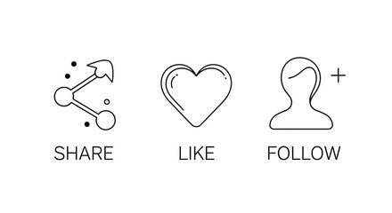 Simple line icons representing social media interactions, including share, like, and follow buttons, on a clean white background from a straightforward viewpoint.