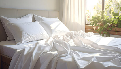 Unmade bed with white linens and pillows in sunny bedroom with green plants on windowsill