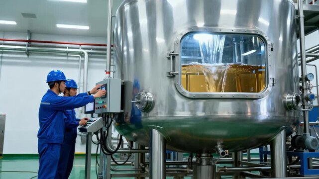 Technicians manage continuous degumming reactors ensuring steady extraction of hydrated gums from crude oil in modern stainless steel process vessels.