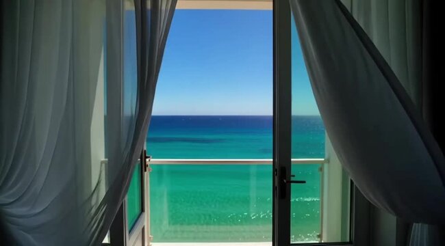 Breathtaking view through white tulle curtains blowing in wind open window of a luxury hotel room, facing the turquoise tropical ocean and blue sky