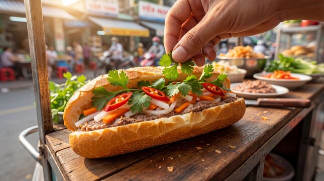 A hand artfully garnishes a freshly crafted sandwich, showcasing the vibrant ingredients and the skilled preparation involved in the culinary arts. The scene is set in an outdoor setting.