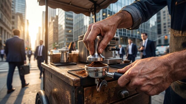 A close-up shot of a street vendor meticulously presses freshly ground coffee, the aromatic steam mingling with the bustling city ambiance.