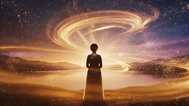 Silhouette of a Woman Standing Calmly by a Lake During Sunset with Radiant Sky and Mountain Backdrop