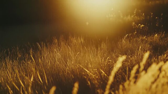 Dry wild grasses and seed heads glow in warm sunrisesunset light across a tranquil meadow, casting soft golden hues and dreamy backlit silhouettes during golden hour