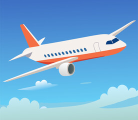 Commercial Airplane Flying Through Blue Sky Vector Illustration