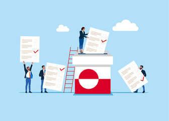 Obraz na płótnie Canvas Ballot box and voters. Voting in Greenland. Paper ballots to election box. Democracy Freedom Concept. Flat vector illustration