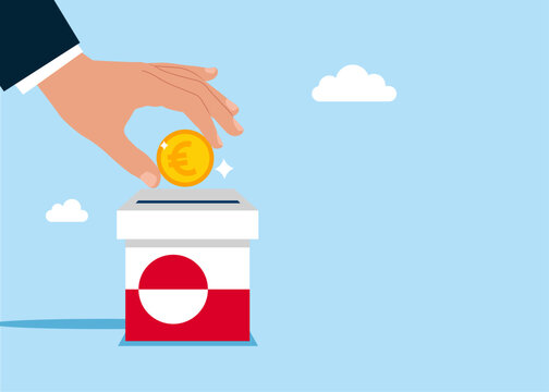 Financing Greenland. Hand putting coin a piggy bank euro money savings Greenland. Modern vector illustration in flat style