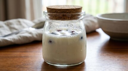 Healthy yogurt with berries in glass jar on wooden table