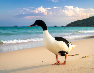 Duck stands on a sandy beach, turquoise water, and cloudy sky in the background