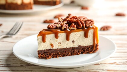 A slice of delicious dessert sits on a white plate. It has a chocolate base, creamy filling, caramel sauce, and pecan topping. Wooden table and more are visible