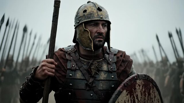 In frame soldier in helmet grips shield and spear. Plate of armor stained with blood and dirt. Nearby warrior stands amid battle and combat. Line of medieval pike behind. Edged shield rim stained.