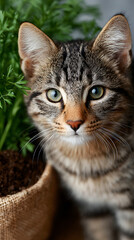 Obraz premium Cute tabby cat portrait sitting next to green plant in pot