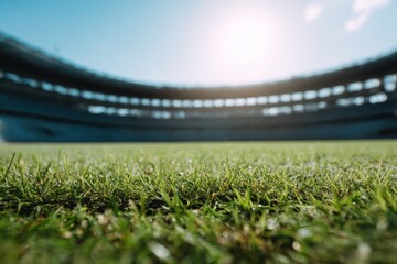 Sunlit view of sports stadium field with focus on green grass