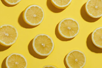 Fresh lemon slices pattern on vibrant yellow background