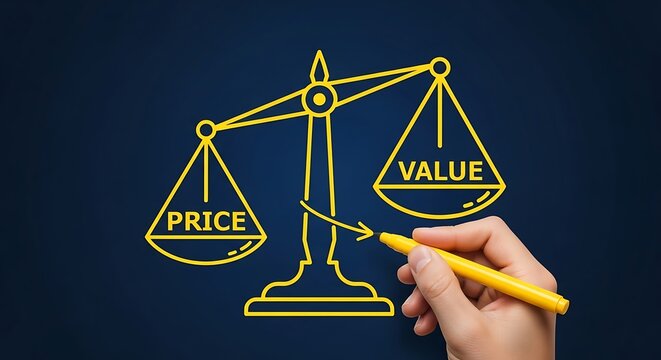 Hand drawing an imbalance between price and value on a scale. Concept of product analysis, smart shopping, business evaluation, or consumer choice.