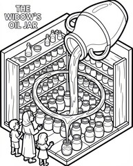 The Widow's Oil Jar Biblical Story Coloring Page. Christian Miracle of Elisha and Endless Oil. Black and White Vector Line Art Illustration.