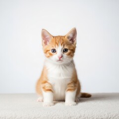 Fototapeta premium A small orange and white kitten with blue eyes sitting on a white surface.