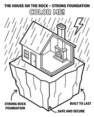 House on a Rock Coloring Page - Vector Illustration of a Strong Foundation, Safety, and Stability during a Storm