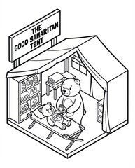 Good Samaritan Bear providing first aid in a medical tent. Cute vector line art illustration for coloring book.