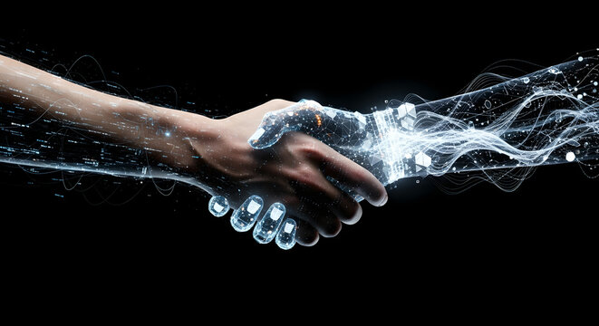 Human hand shaking robotic hand with glowing blue digital effects. Futuristic partnership between man and machine. Symbol of artificial intelligence collaboration and technological innovation in