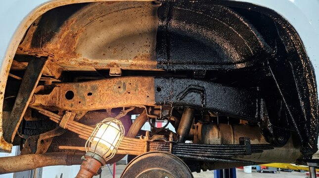 Before and after rust treatment on vehicle undercarriage