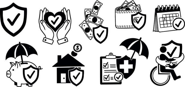 Black and white vector icons set showing insurance concepts with check mark shield, piggy bank, house, money, medical clipboard, calendar, disability person in flat design