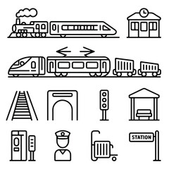 Railway & Train Icon Set &ndash; Minimal Line Transport Illustrations