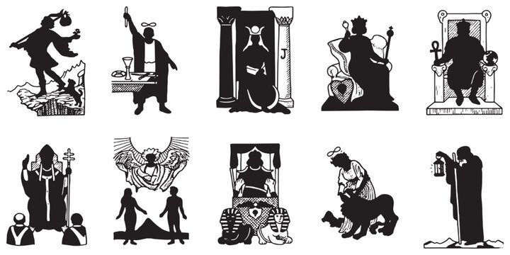 Collection of Silhouette Illustrations Depicting Tarot Card Figures and Symbolic Scenes.