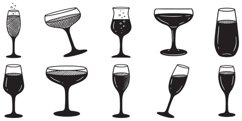Collection of various cocktail glasses and champagne flutes in a hand-drawn sketch style. © Riki