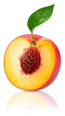 A sliced peach with a green leaf attached, revealing its fuzzy skin, fleshy interior, and textured pit, all on a white backdrop