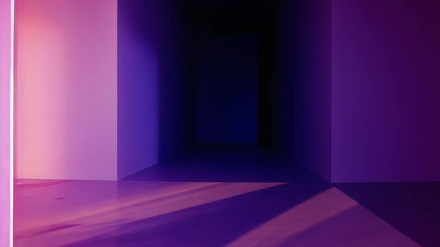 Abstract interior space featuring translucent glass panels creating a seamless gradient of warm and cool colors, with natural light reflecting and casting dynamic shadows on walls and floor