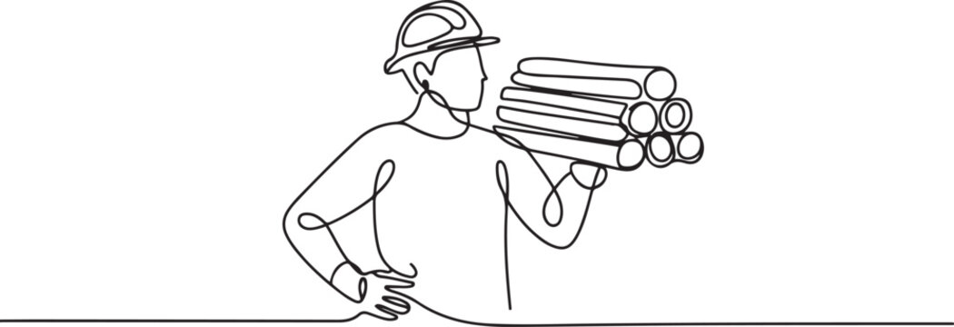 Single continuous line drawing of young lumberjack wearing helmet and glove while carrying pile of woods. Carpenter building maintenance service concept. one line Icon drawing