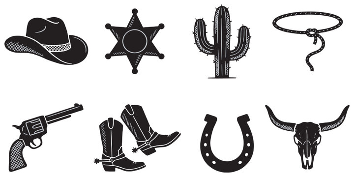 Collection of Western-themed icons including a cowboy hat, sheriff badge, cactus, lasso, revolver, cowboy boots, horseshoe, and bull skull.