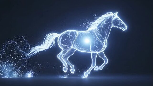 Glowing holographic horse running on dark background