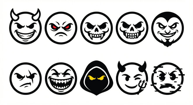 Collection of menacing and spooky emoji icons depicting devils, skulls, and angry faces