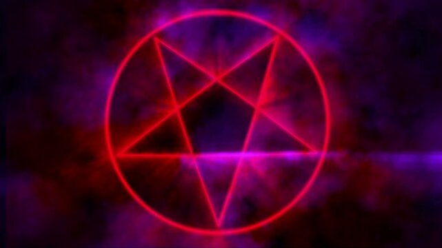 Red upside down pentagram glowing and burning with red and purple heat and smoke. Satanic, black magic imagery.
