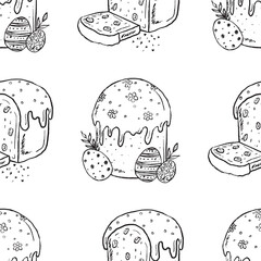 Fototapeta premium Hand drawn seamless pattern with traditional Easter cake with icing and decorated eggs. Vector sketch illustration in vintage doodle crayon charcoal style.