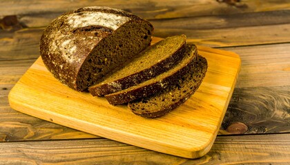 A sliced loaf of dark, rustic bread rests on a wooden cutting board. The board sits on a textured wood surface, suggesting a warm and inviting setting