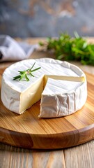 A sliced round of creamy, off-white cheese, sits on a wooden board with a rosemary sprig, next to rustic background