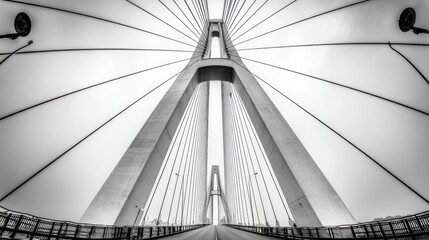 Aerial View Of A Suspension Bridge In Black And White.