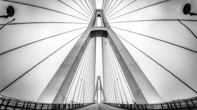 Aerial View Of A Suspension Bridge In Black And White.