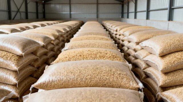 Medium shot inside a clean silo filled with neatly arranged paddy bags highlighting organized agricultural storage conditions and controlled environment.