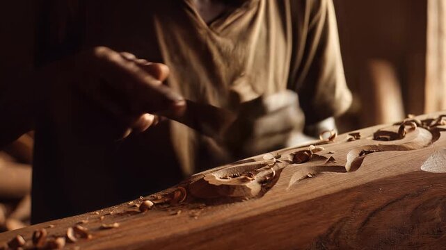 Artisan Wood Carver Working on Traditional African Handcraft in Workshop