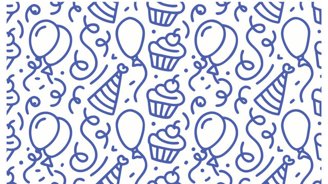 Blue and white birthday pattern with cupcakes balloons and confetti on white background
