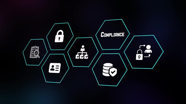 Compliance concept with secure digital systems, regulatory icons, data protection controls and modern technology interface.